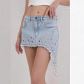 Stylish sexy denim skirt ripped irregular bevelled skirt
