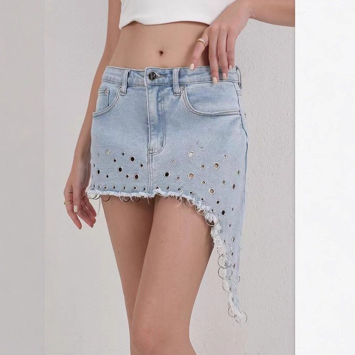 Stylish sexy denim skirt ripped irregular bevelled skirt