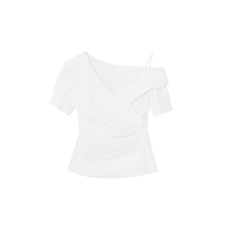 Gentle temperament design diagonal shoulder collar waist shirt