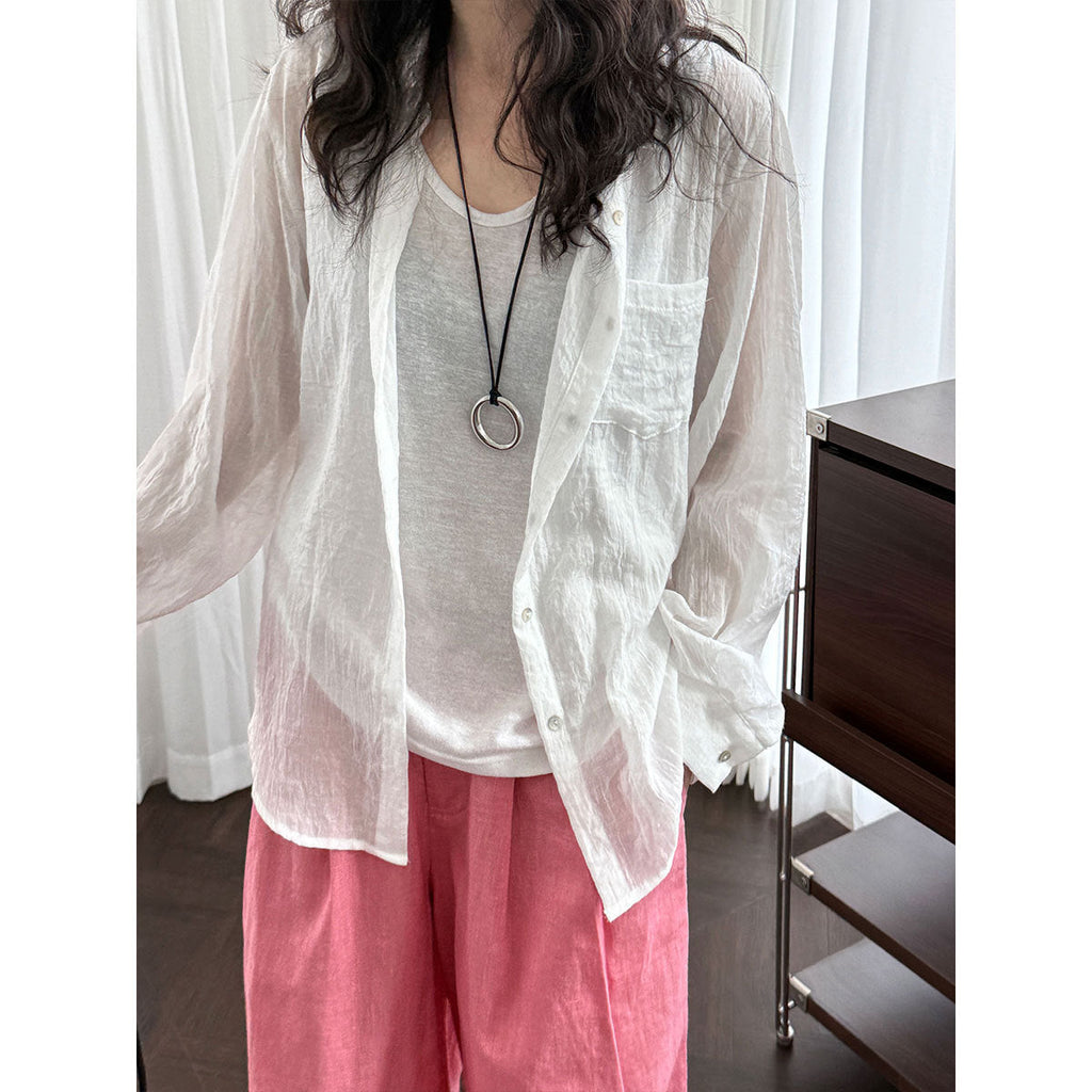 French premium shell button shirt women's summer new sunscreen cardigan long-sleeved loose imitation cotton and linen shirt