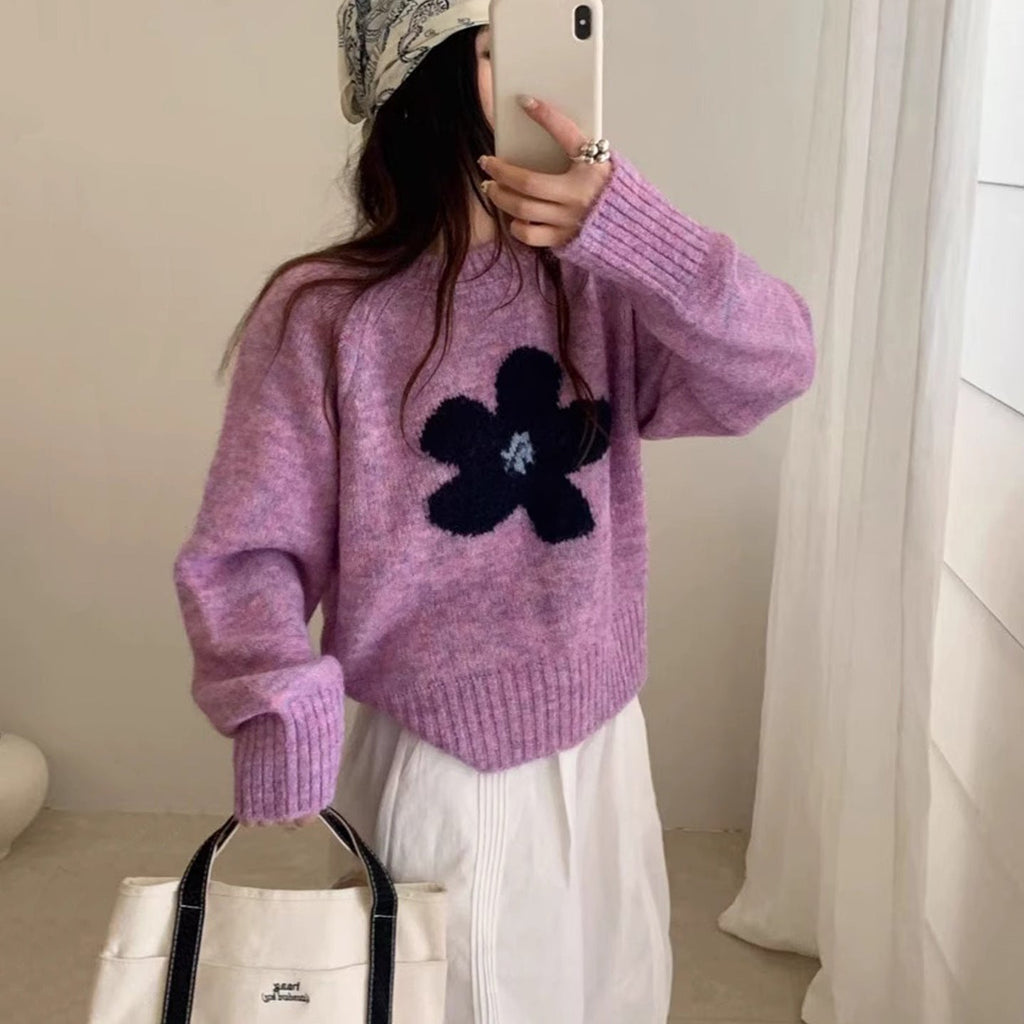 Floral Korean Soft Knit Loose Pullover Sweater