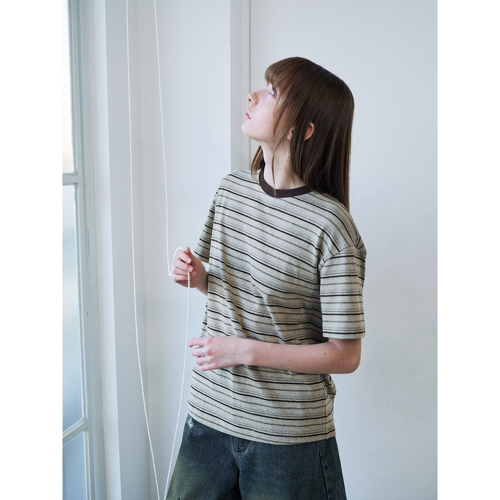 Spring new casual contrasting color crew neck striped easy versatile medium and long short-sleeved T-shirt