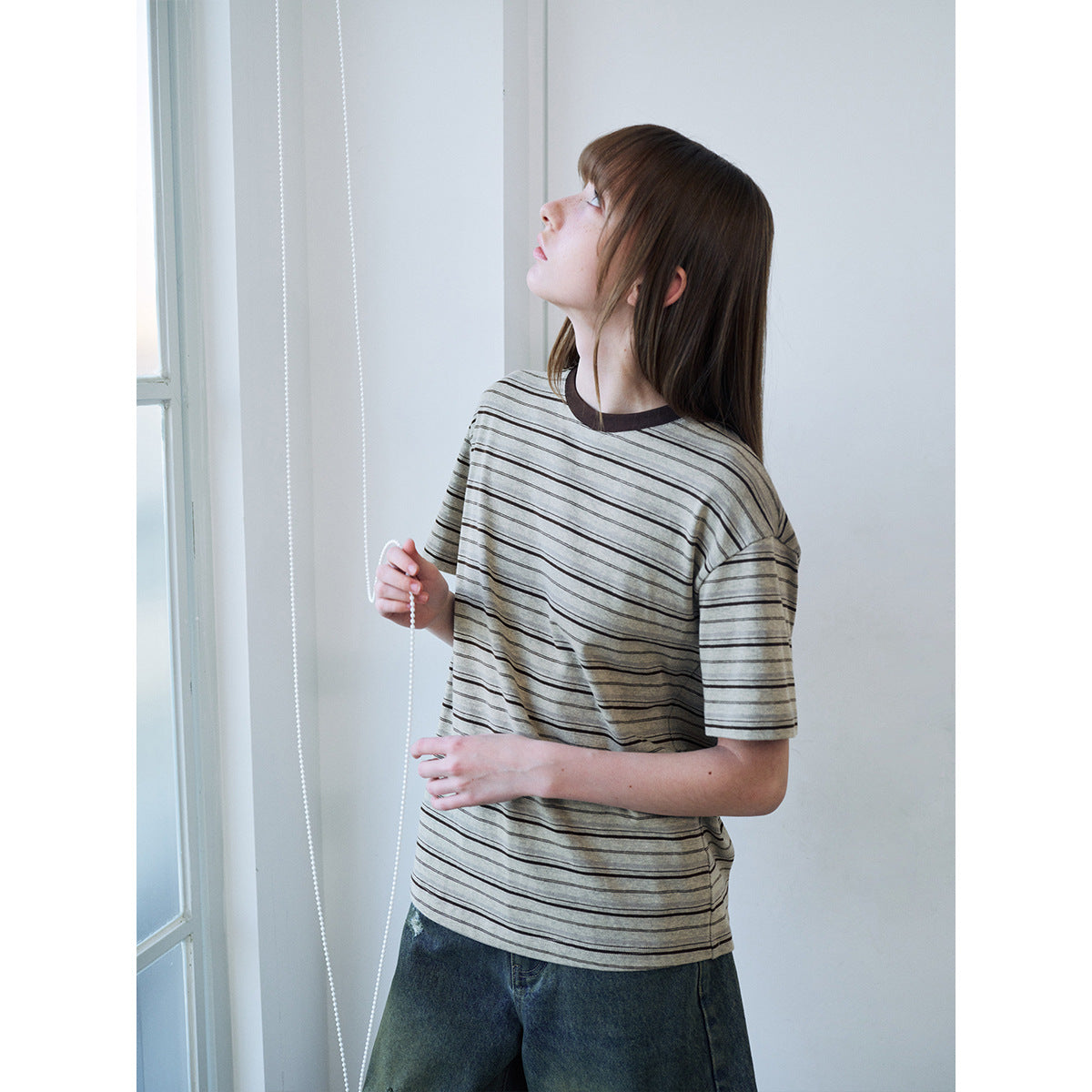 Spring new casual contrasting color crew neck striped easy versatile medium and long short-sleeved T-shirt