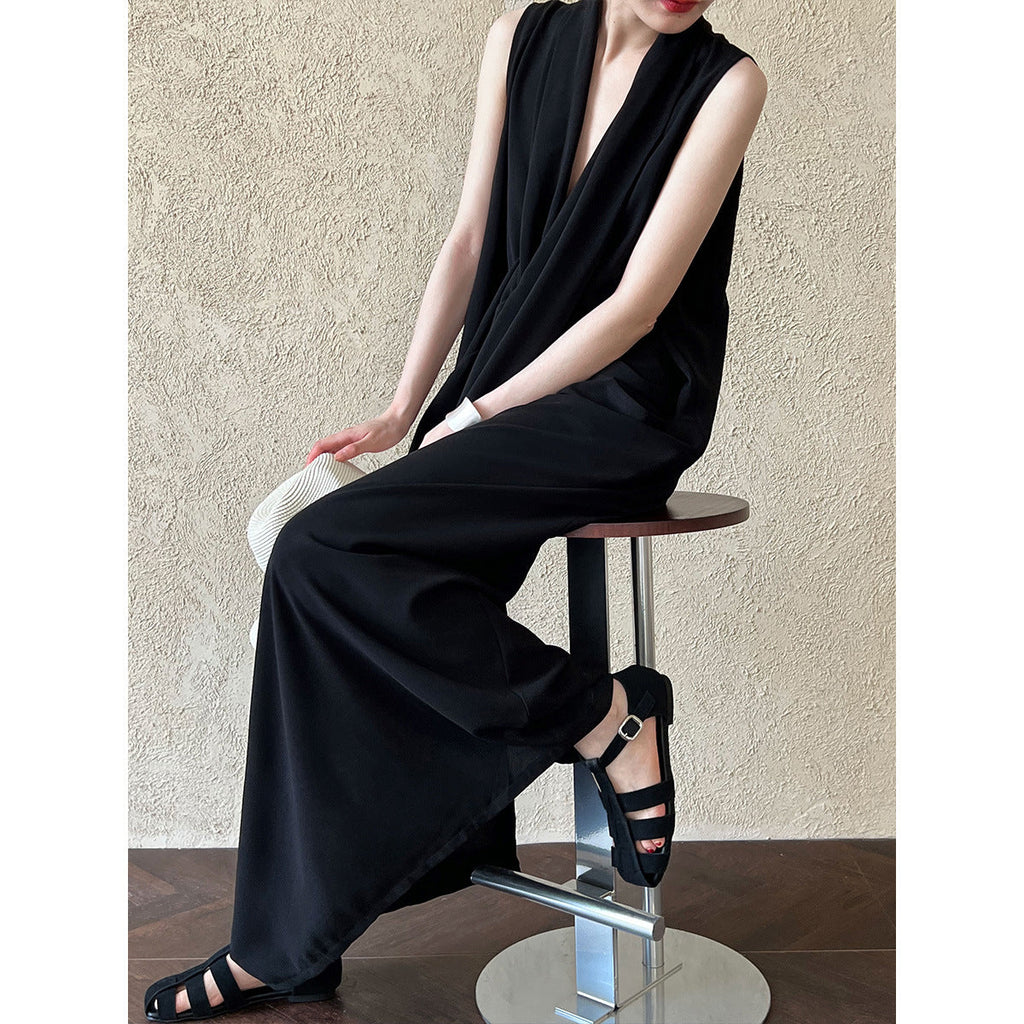 Temperament V-neck sleeveless kink waist dress women's thin irregular high-end long skirt