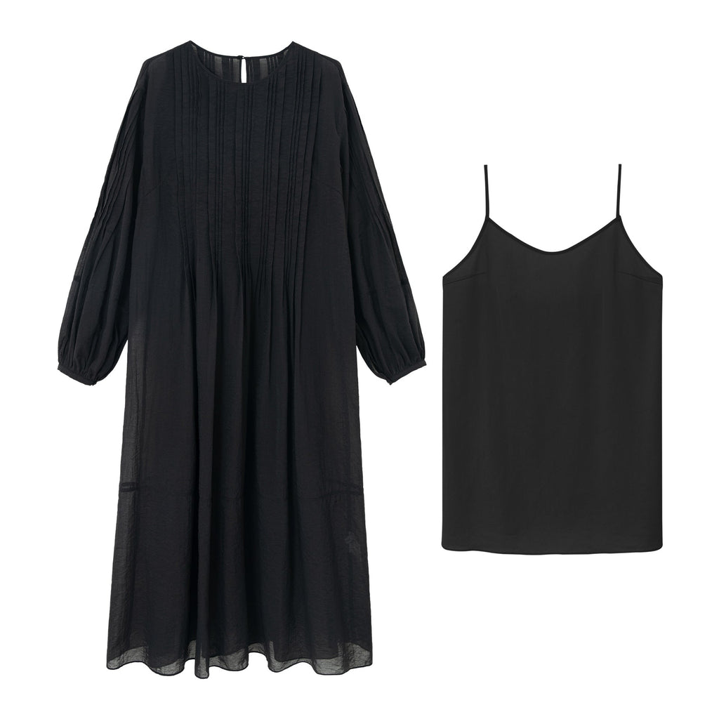 Autumn new round neck perspective see-through cable rear mid-split slightly shoulder-drop dress