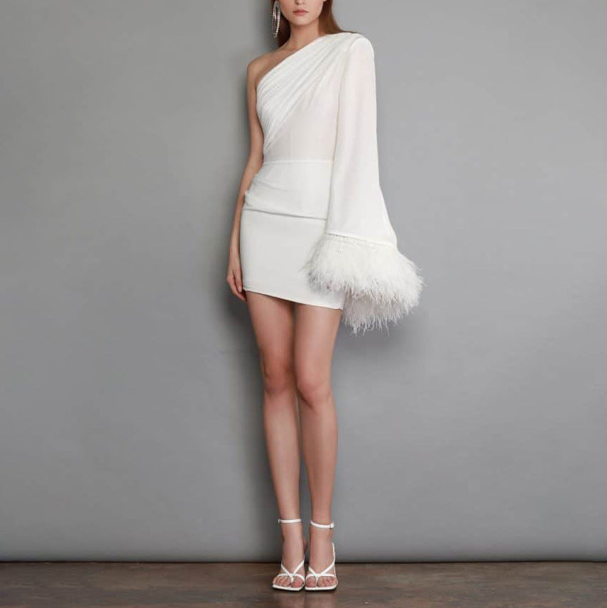 One shoulder simulated wool dress