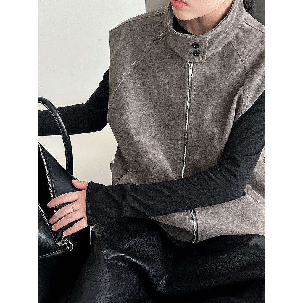 Korean new stand-up collar casual suede vest women stacked wear autumn and winter design sense versatile coat