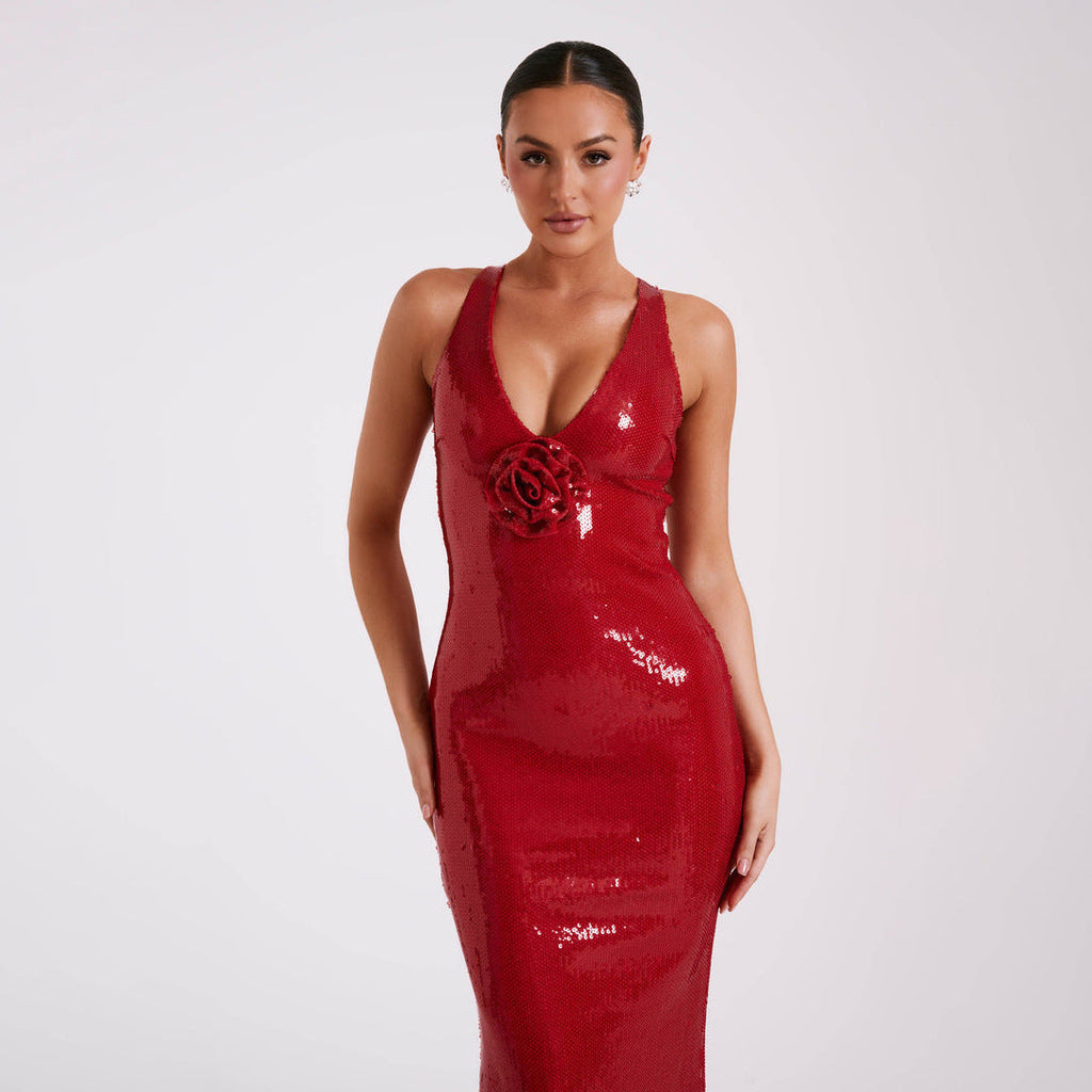 Hollow backless sexy red sequined split dress