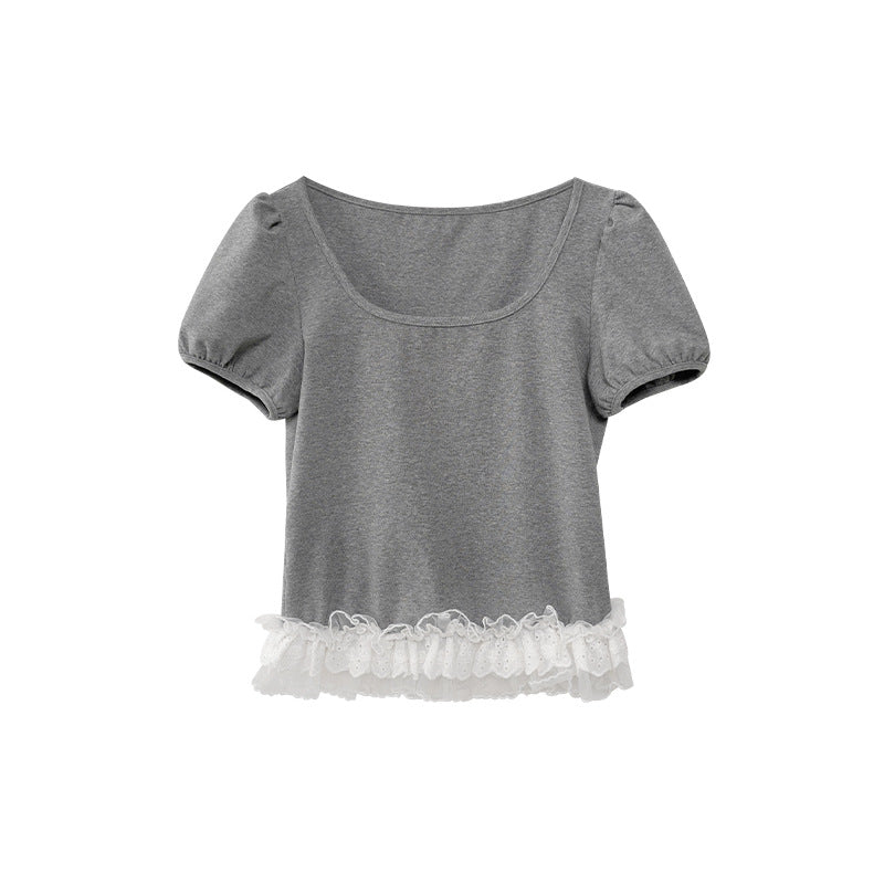 Sweet age-reducing lace trim square neck short-sleeved T-shirt