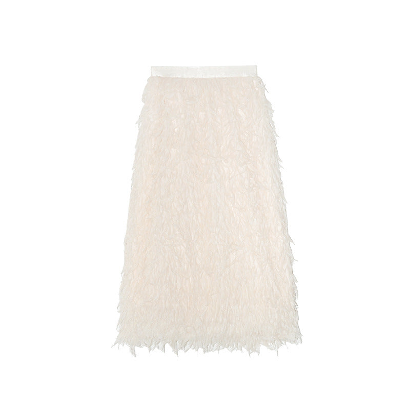 French gentle fairy skirt straight thin feather fringed skirt