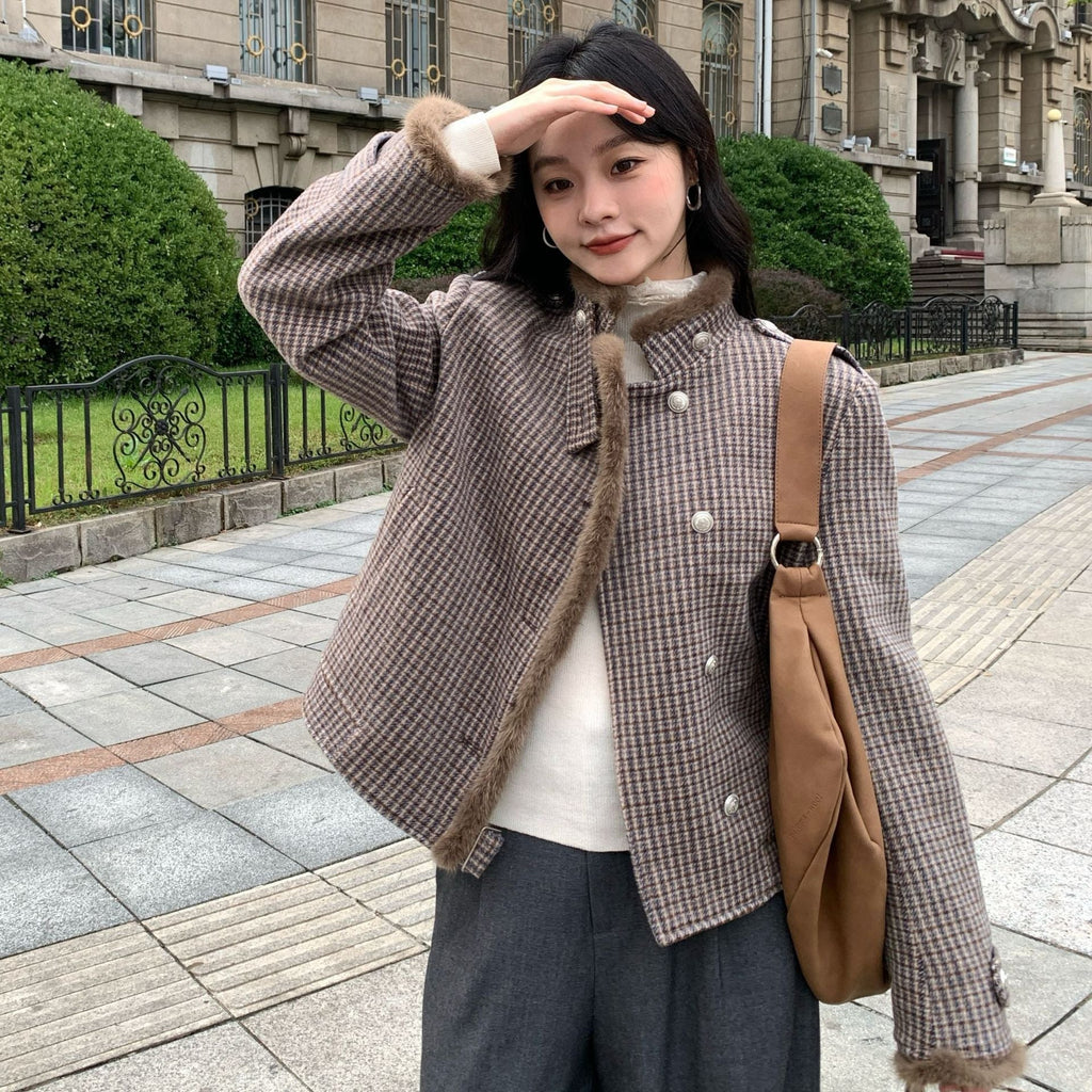 Vintage Plaid Asymmetrical Plush Women's Jacket