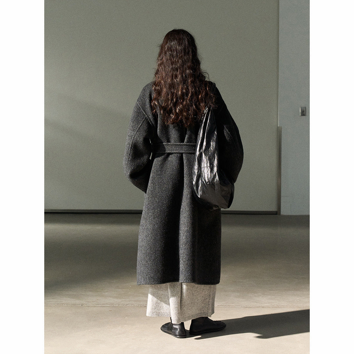 Silk Australian hair lapel double-sided woolen coat natural warm loose lace-up commuter jacket