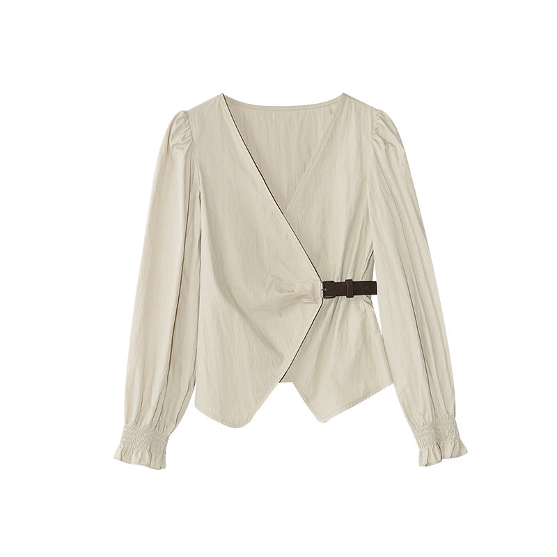 Temperament diagonal placket waist leather buckle v-neck long-sleeved shirt