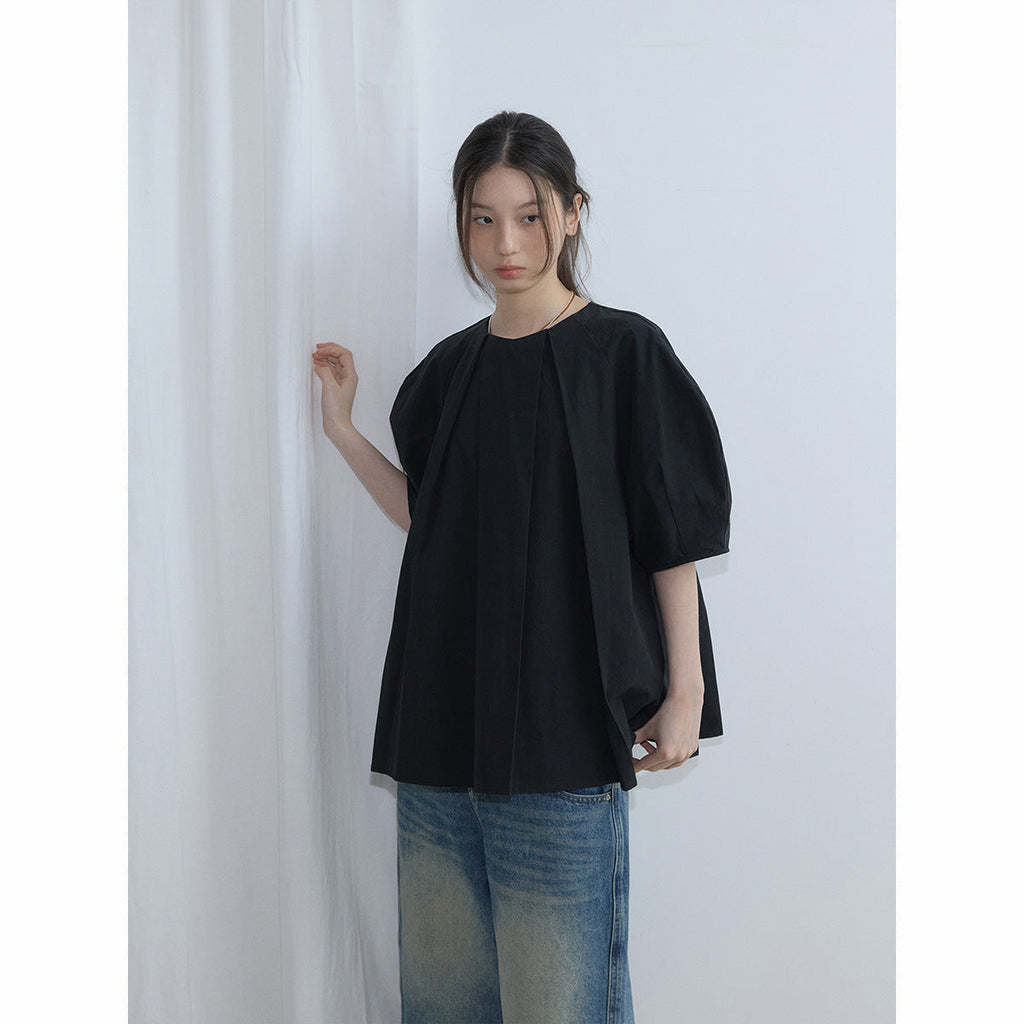 Spring new casual round neck simple and versatile solid color linen cotton bubble sleeve top