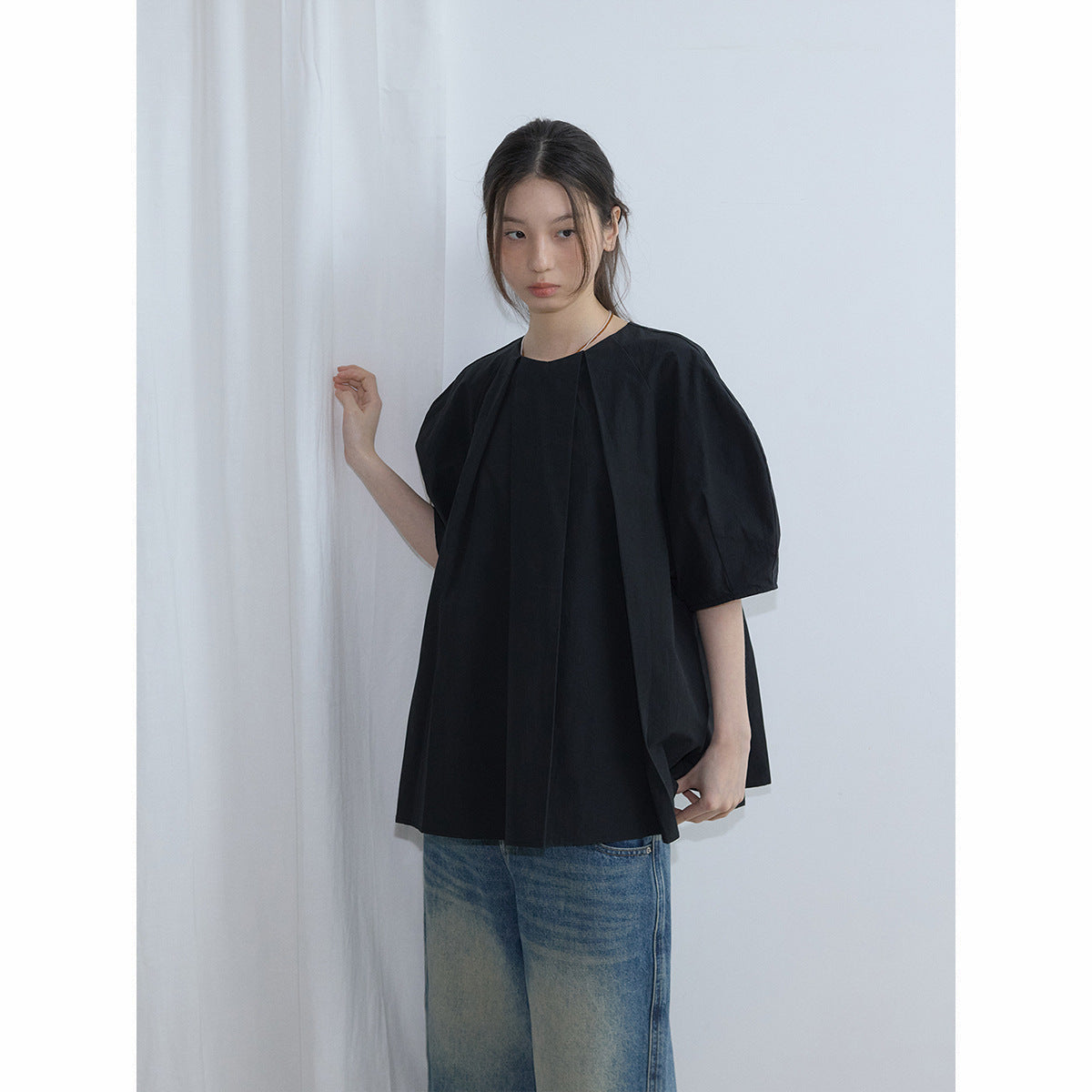 Spring new casual round neck simple and versatile solid color linen cotton bubble sleeve top