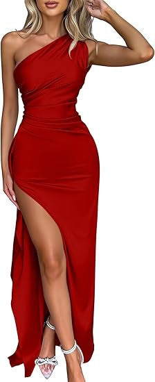 Year, single shoulder pucker split ends sexy satin dress summer temperament slim fit