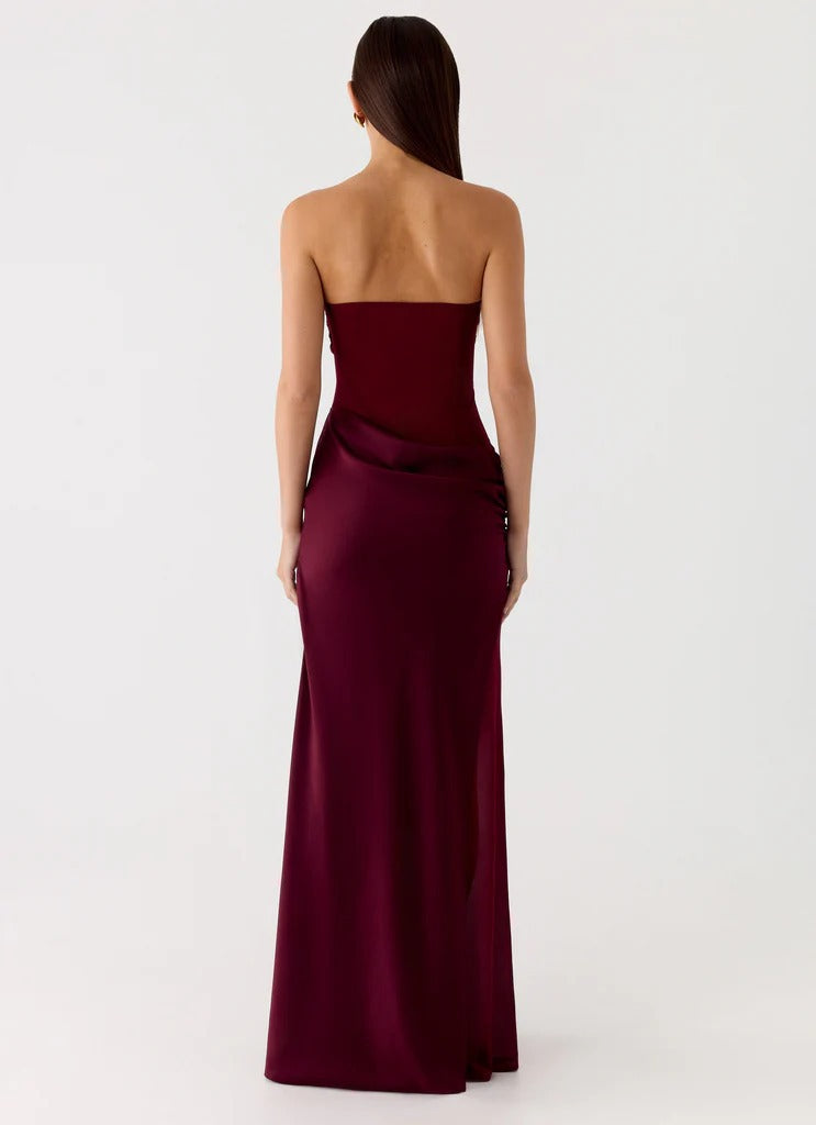 Fashion tube top sexy backless slim evening dress pleated hip skirt satin dress