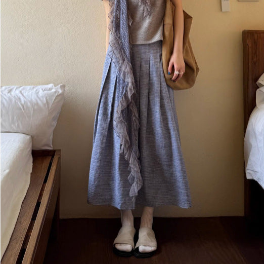 Retro medium and long plaid skirt women's summer new versatile and thin French a word medium and long skirt tide