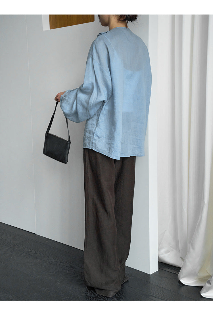 Deep V-neck handmade double-layer lotus leaf edge Tencel ramie shirt