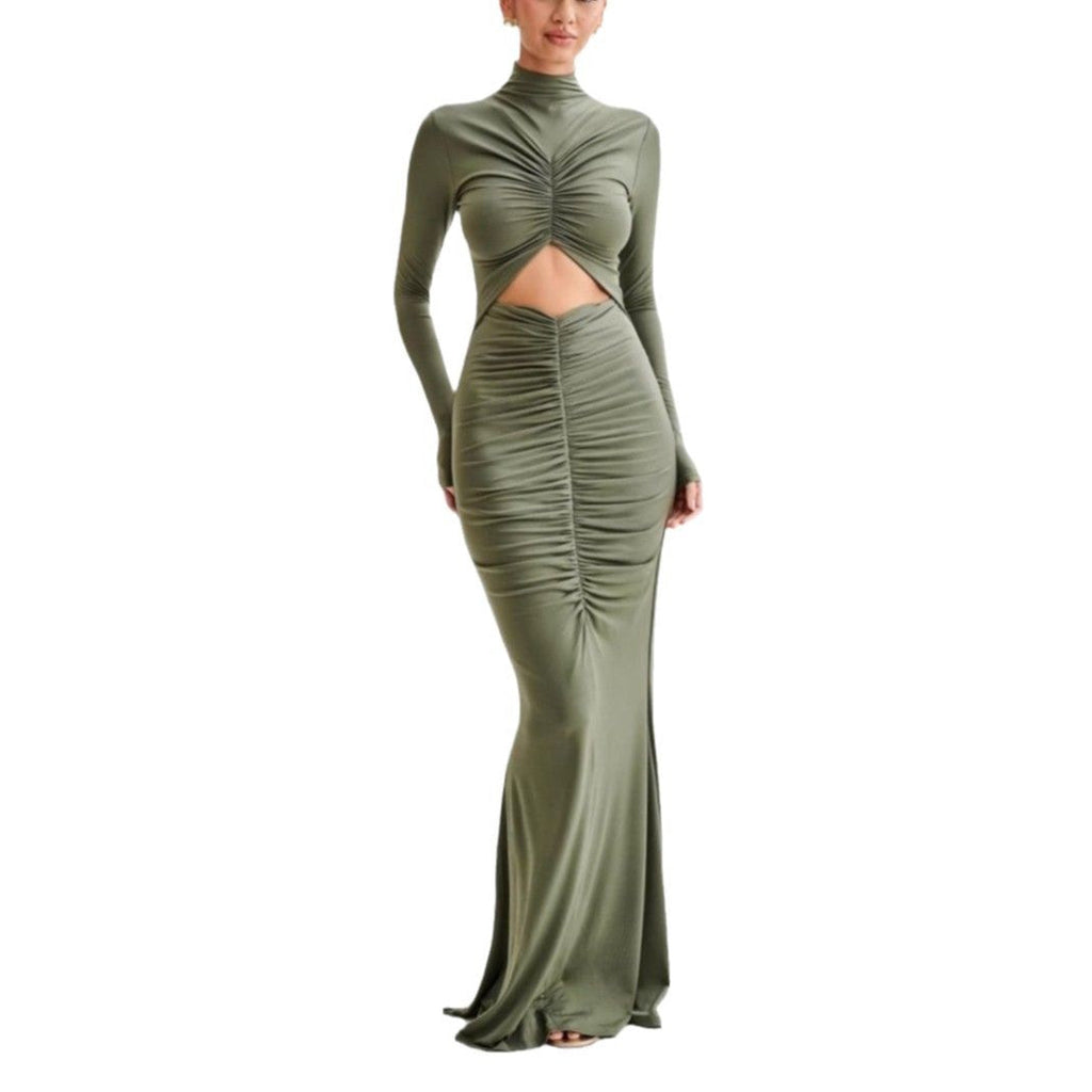 New sexy hollow solid color chest wrap hip skirt pleated slim half turtleneck dress women