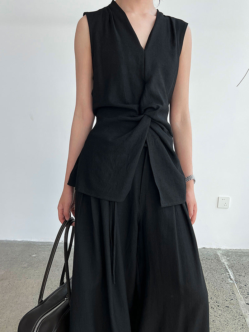 Design sense V-neck kink sleeveless vest + wide-leg pants women's summer new slim-fit linen suit