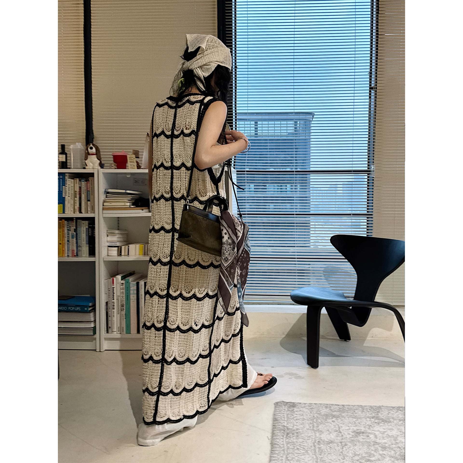 New French bohemian wave crochet long knitted cardigan holiday top women