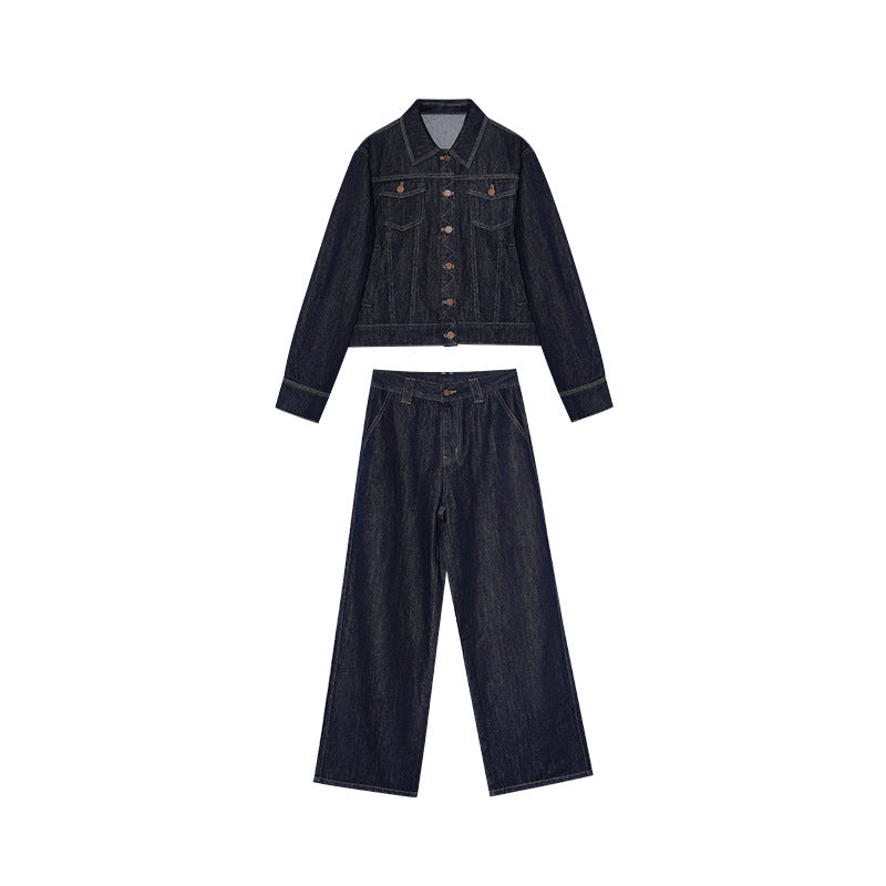 Early spring Hong Kong style American retro trousers temperament two-piece denim suit