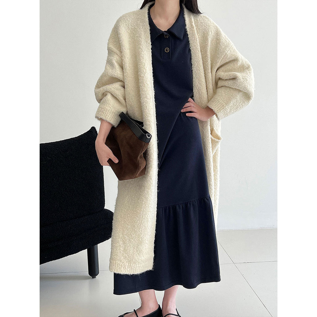 Japanese lapel splicing ruffle edge sweater long dress women's autumn new loose meat cover dress