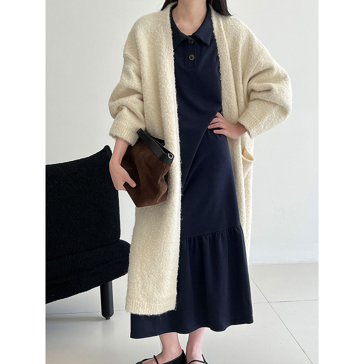 Japanese lapel splicing ruffle edge sweater long dress women's autumn new loose meat cover dress