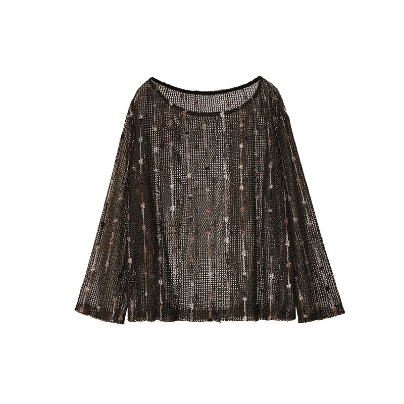 Women's Crew Neck Hollow-Out Knit Long Sleeve Loose Top