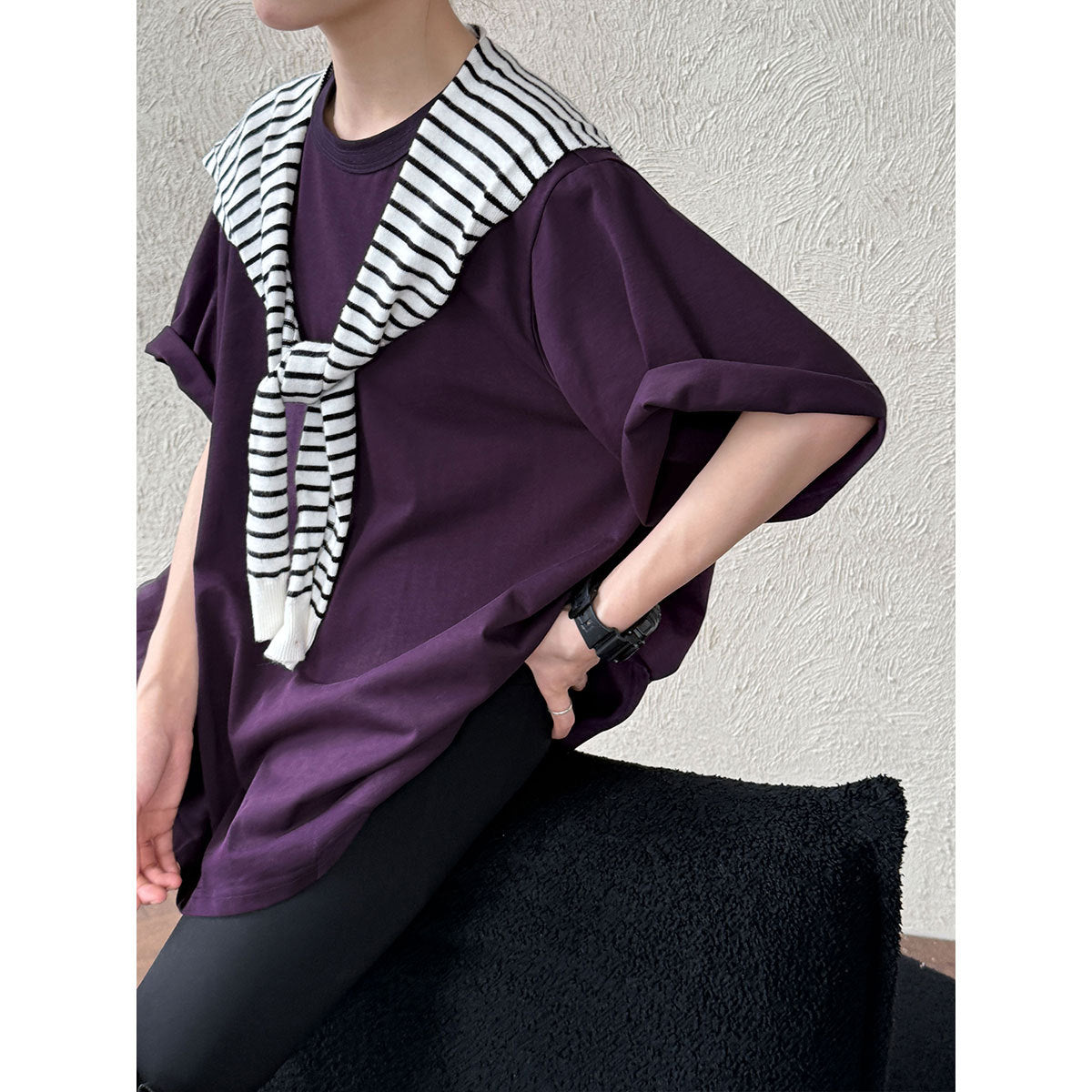 Korean lazy wind curled round neck T-shirt summer new back strap loose short-sleeved top 2711