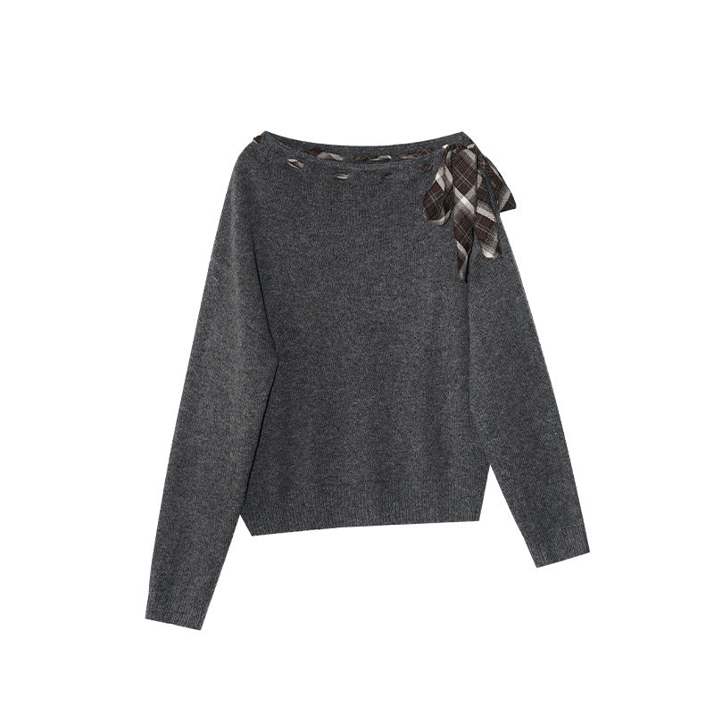 Autumn and winter French atmosphere leopard print strap design diagonal neck off-the-shoulder sweater women