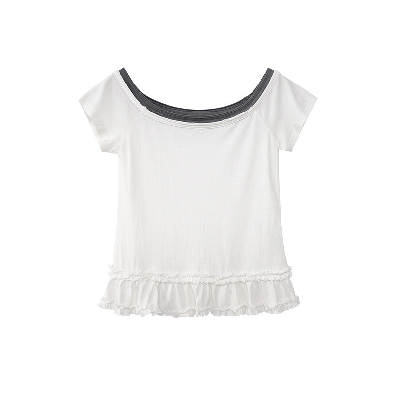 Contrasting slim T-shirt women's short-sleeved niche one-line collar top