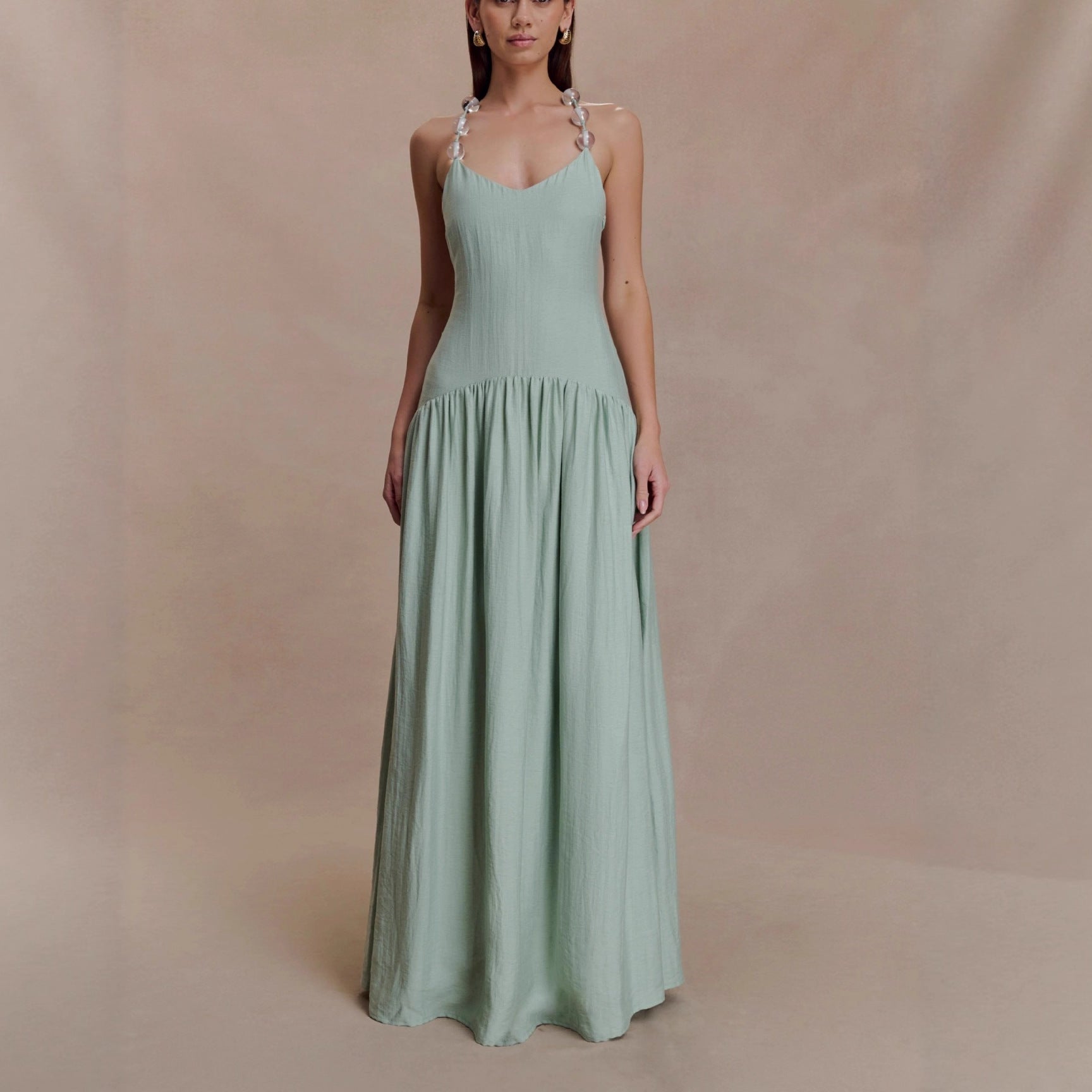 Fashion temperament Elegant V-neck beaded suspender skirt waist backless sexy dress