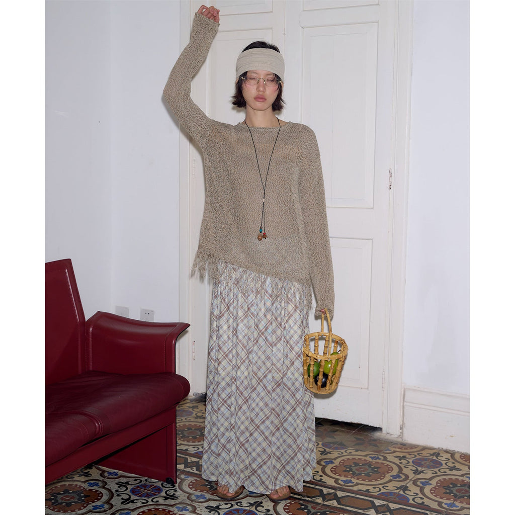 Fringed long-sleeved knitted sweater loose lazy top
