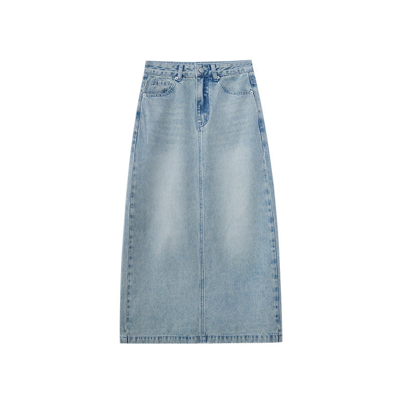Women's High-Waist Washed Straight Denim Maxi Skirt