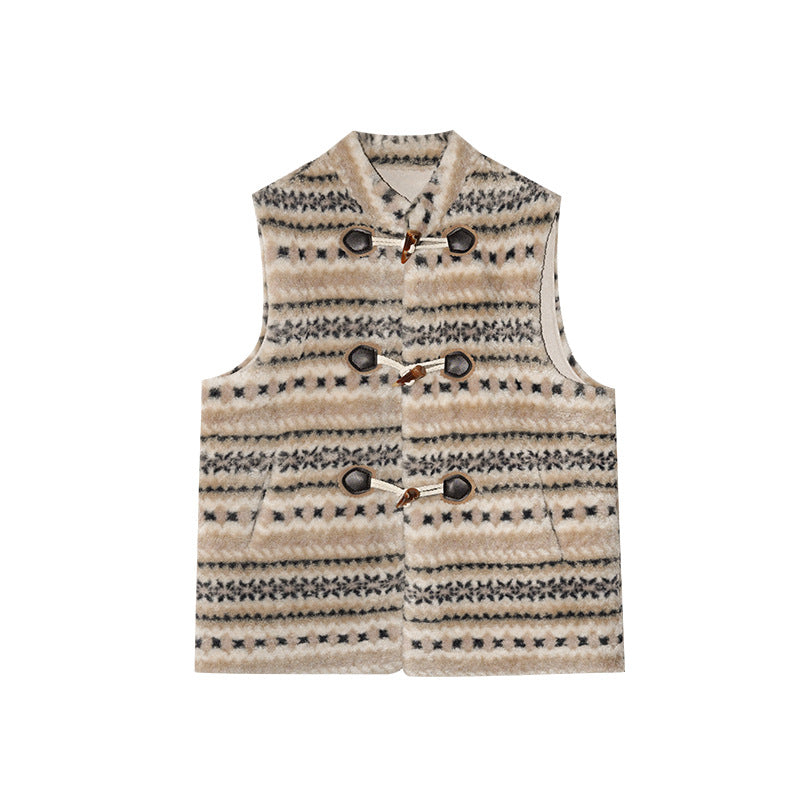 Vintage floral stripes stacked with plush horn buckle vest jacket