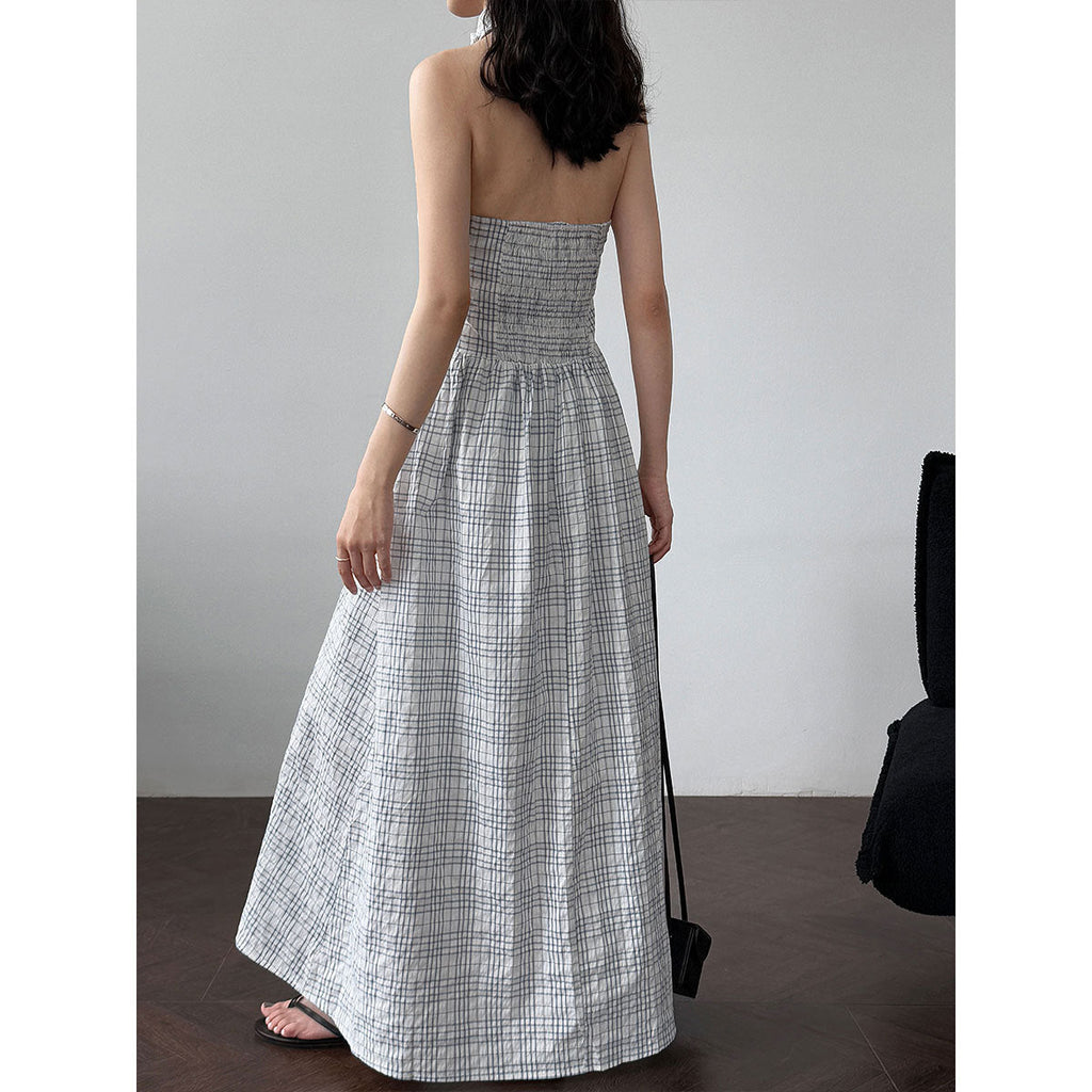 Korean plaid neck lace backless dress summer vacation style waist thin dress