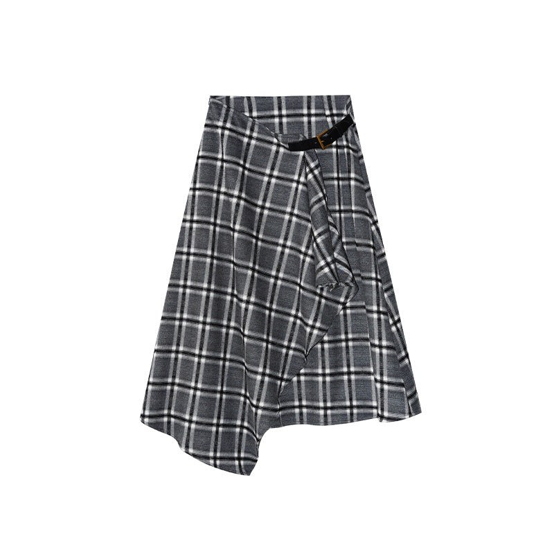 Leather buckle design irregular a word high waist plaid skirt