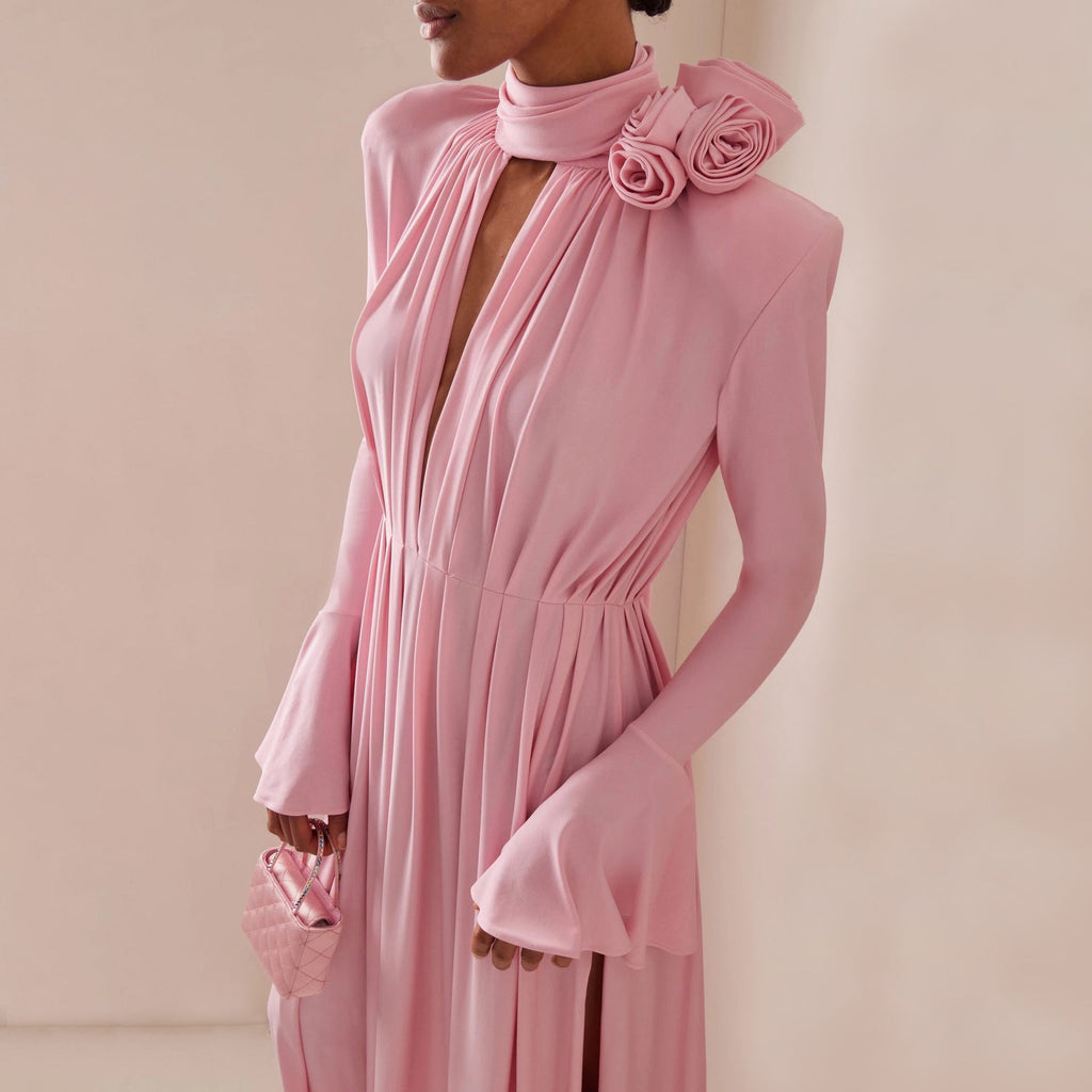 High-end dress hollow deep V neck dress, pleated drape three-dimensional flower dress