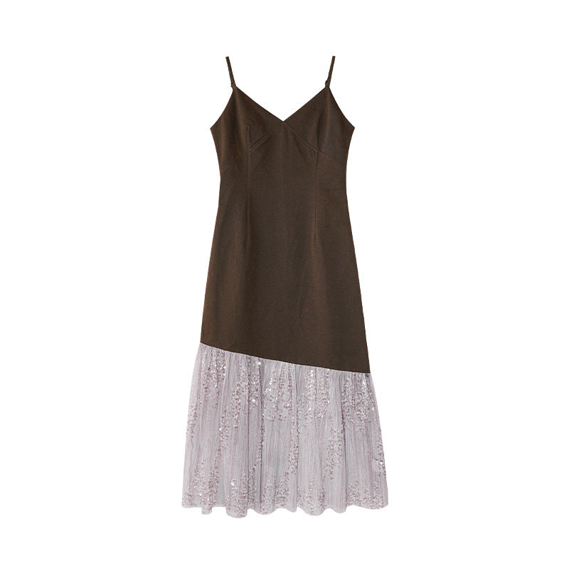 Temperament sequined splicing hem suspender dress