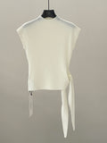 Spring minimalist style tie-up tie stand-up collar solid color knitted short-sleeved T-shirt 59027