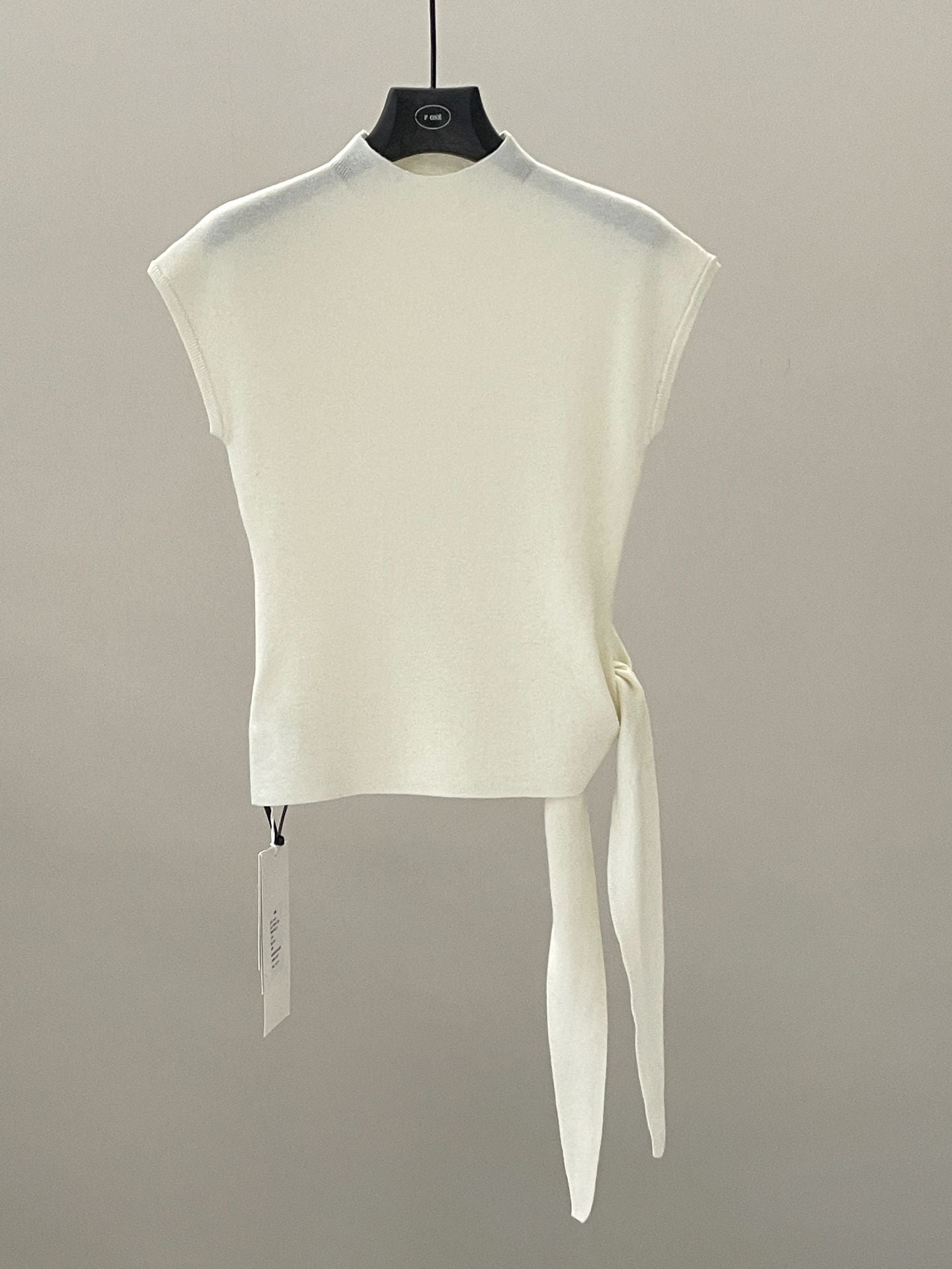Spring minimalist style tie-up tie stand-up collar solid color knitted short-sleeved T-shirt 59027
