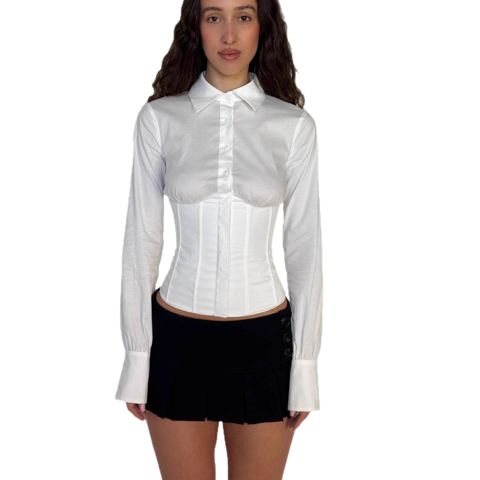 Slim tunic herringbone corset lace-up shirt
