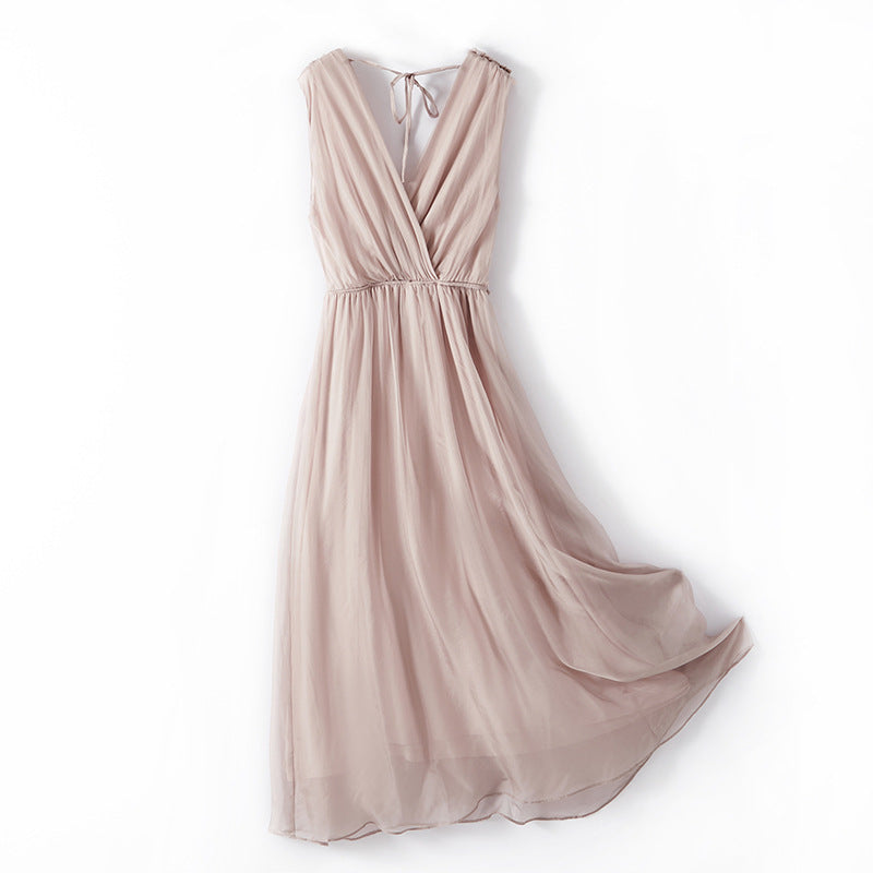 V-Neck Sleeveless Dress Women Mid Waist Mulberry Silk Maxi Two-Piece