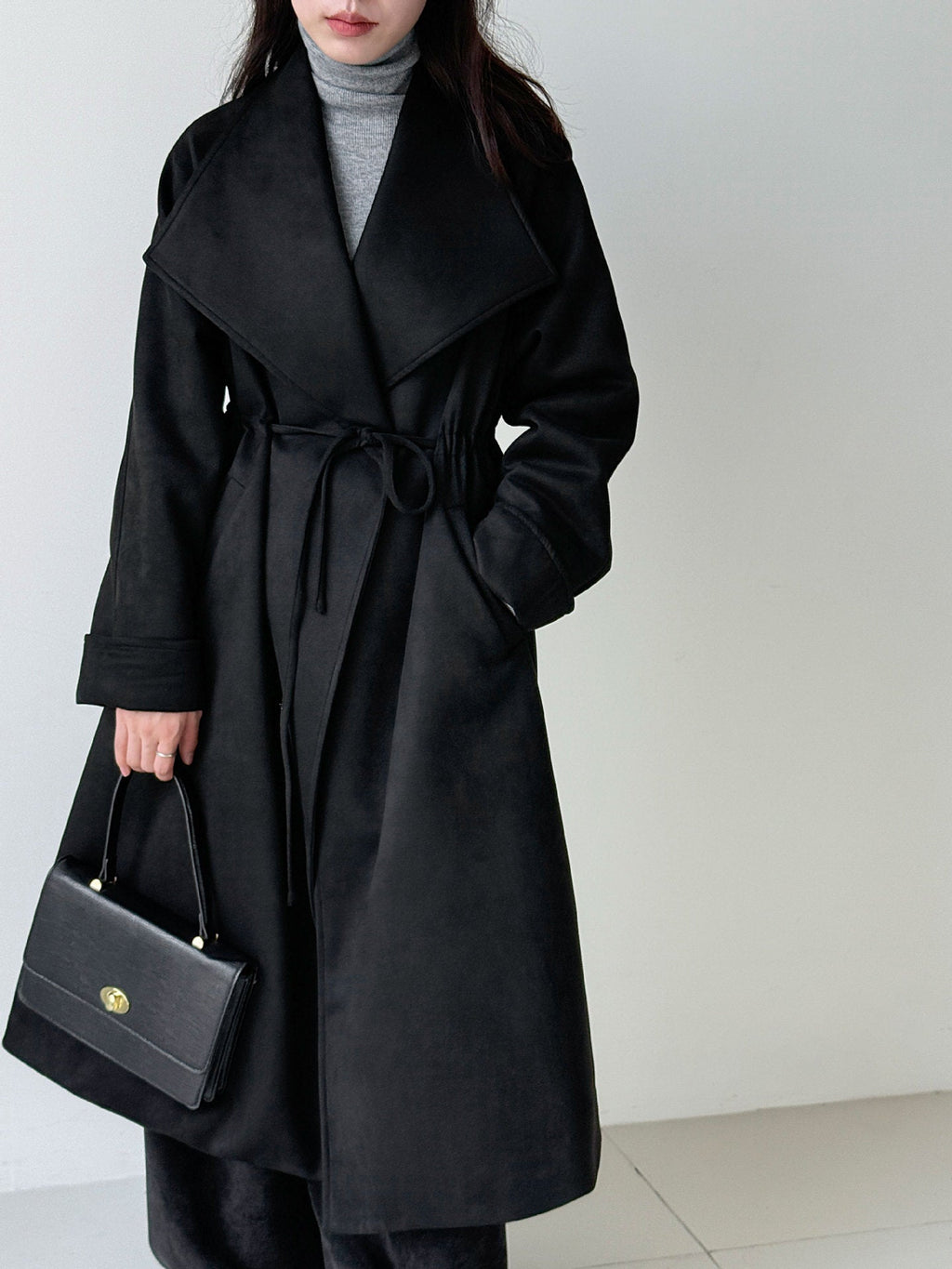 High-end silhouette long windbreaker relaxed drawstring plaid large lapel outwear women's autumnew arrival