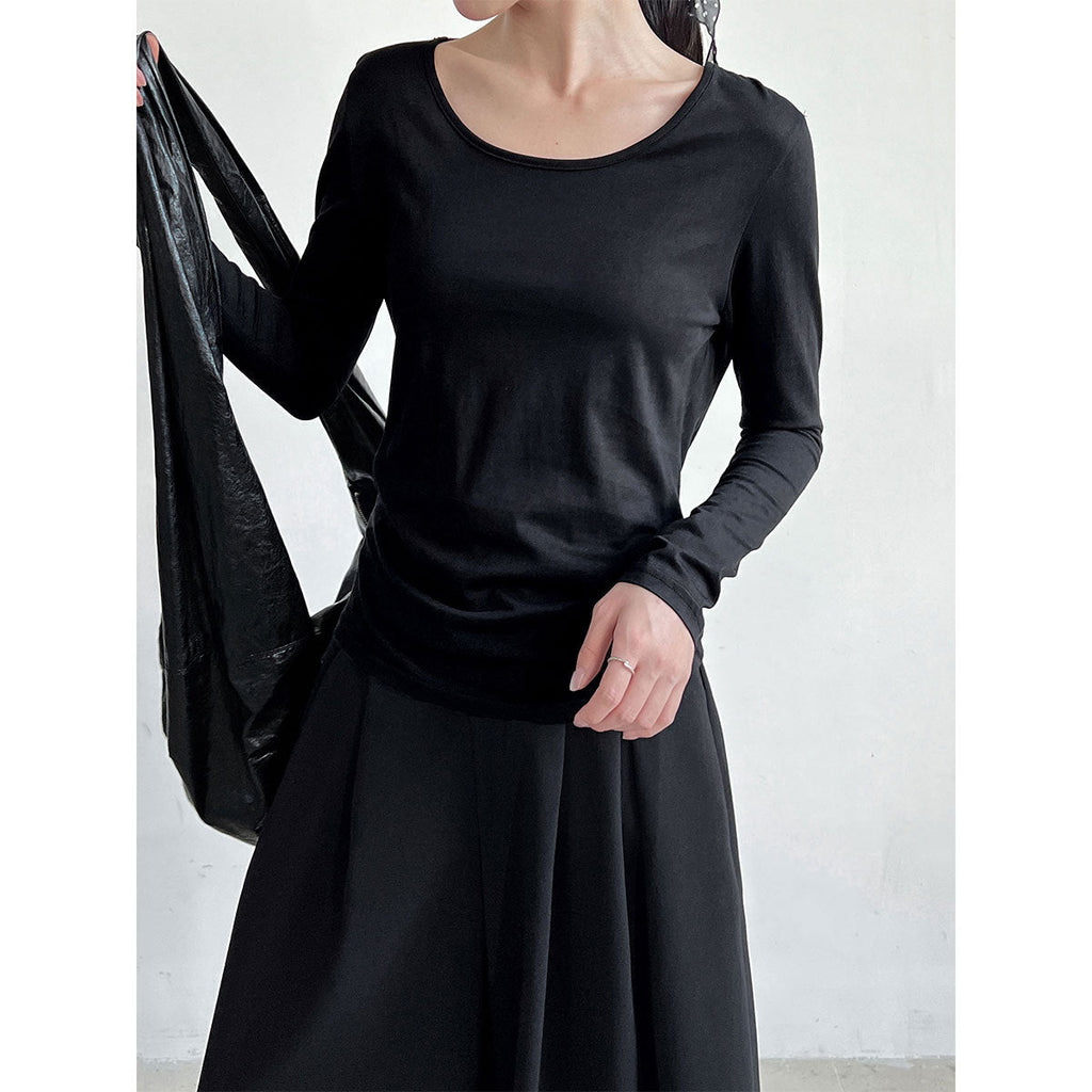 Slightly transparent backless swing collar long-sleeved T-shirt for women