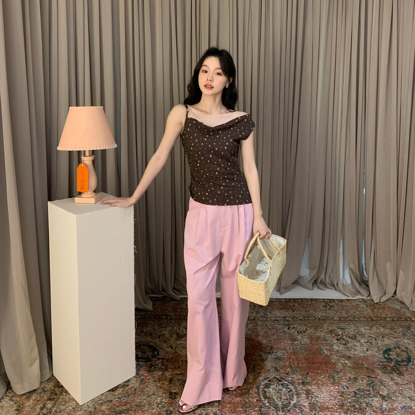 French Sweet Polka Dot Skinny Design Off-Shoulder Suspender Top