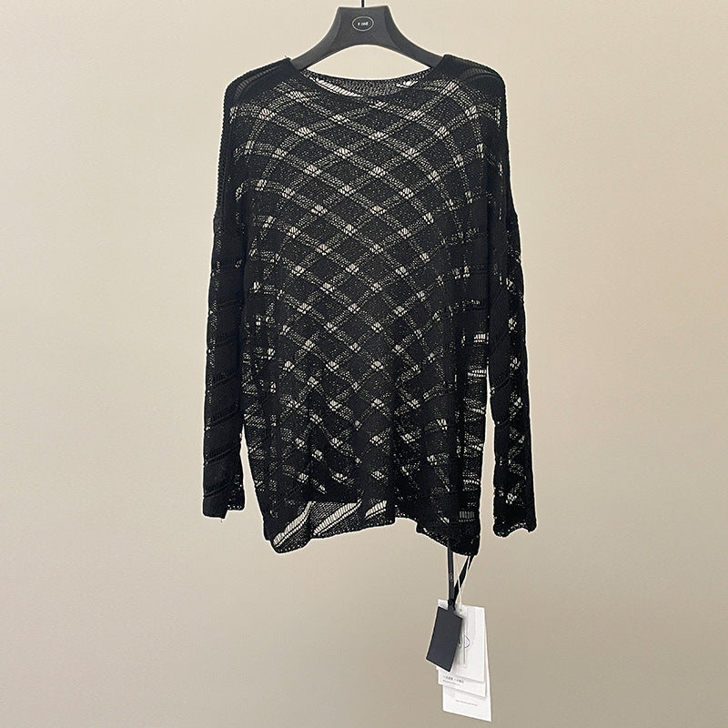 Cold hollow loose knitted sweater spring Korean lazy style long-sleeved sunscreen blouse