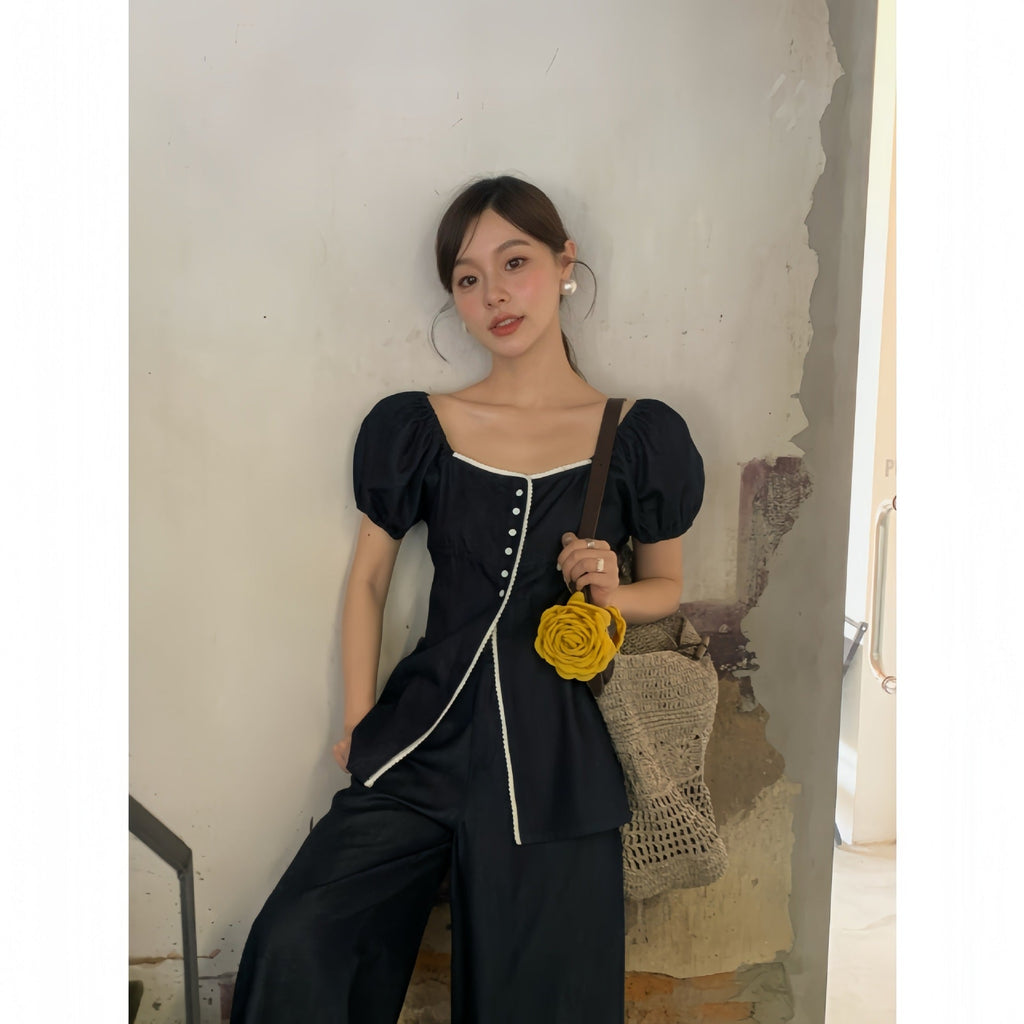 Retro Contrast Denim Square Neck Bubble Sleeve Shirt